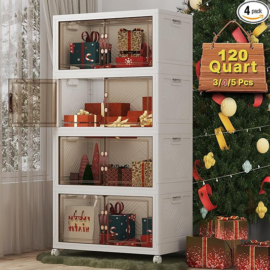 Extra Large Stackable Storage Bins with Lids & Wheels, Foldable Collapsible Closet Organizers Storage Cabinet with Doors for Bedroom Dorm (White, 480QT-120QT/30GAL*4Pack)