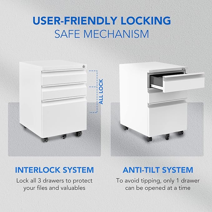 FLEXISPOT Mobile File Cabinet for Home Office Under Desk Storage with Lock Keys 3 Drawer File Cabinet for Legal/Letter/A4 File, White
