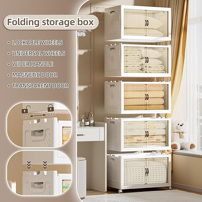 520 QT / 130 Gal Large Foldable Stackable Plastic Storage Cabinet with Double Magnetic Doors, Leather Handles & 4 Wheels - Organize Home, Office, Closet