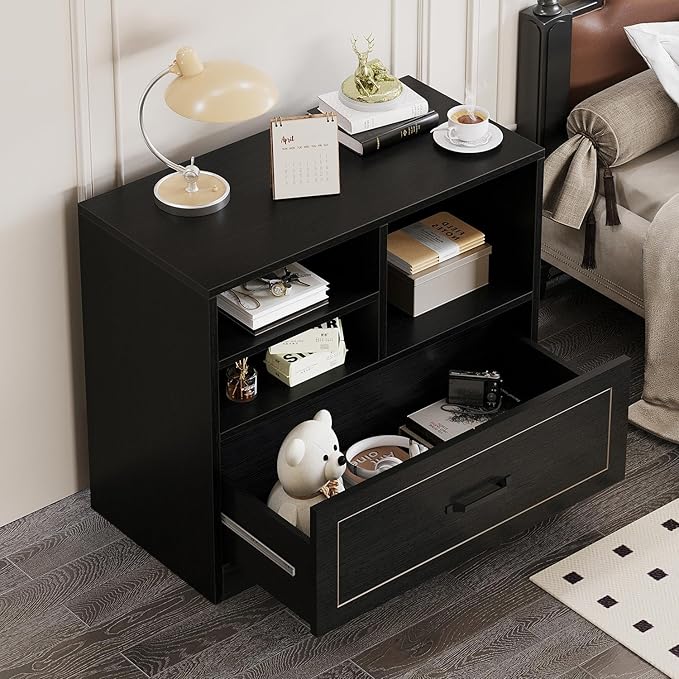 LVB Lateral Filing Cabinet with Drawer, Black Wood File Cabinet Printer Stand with Storage Shelves for Home Office, Modern Printer Cabinets Fits A4 Letter Legal Size with Hanging Folder, 32.7 Inch