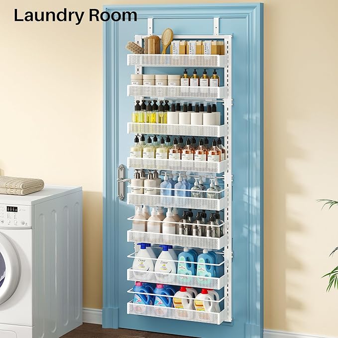 SNTD Over the Door Pantry Organizer - 8 Tier Adjustable Pantry Door Spice Organizer, Large Capacity Hanging Door Spice Rack for Kitchen Pantry Organizers and Storage (White, 17" W x 6" D x 69" H)