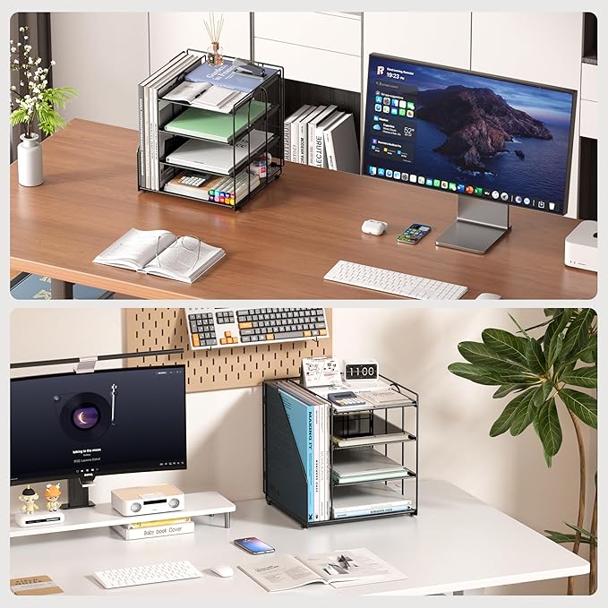 Desk Organizer, 4-Tier Metal Paper Organizer for Desk with Vertical File Holder, Office Accessories and Desktop Storage for Office Supplies (Black)