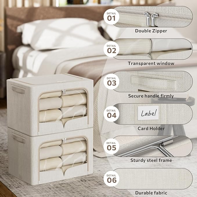 FHSQX 3 Pack Clothes Storage Bins Foldable Metal Frame Storage Box Stackable Linen Fabric Organizer Set with Carrying Handles and Clear Window (Beige, 15.7x11.8x7.8inch(22L))