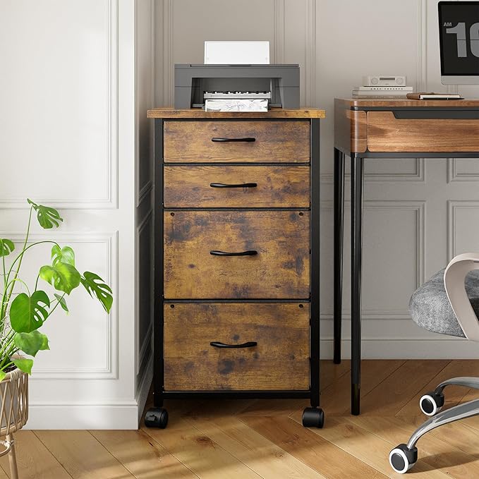 4 Drawers Mobile File Cabinet Vertical Filing Cabinet with Fabric Drawer Fits A4/Letter Size Printer Stand for Home Office，Rustic Brown