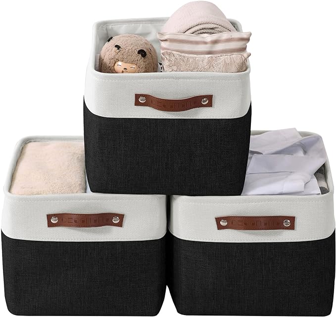 DECOMOMO Storage Baskets for Shelves - Fabric Storage Bins, Linen Closet Organizers and Storage (Black & White, Large - 3 Pack)