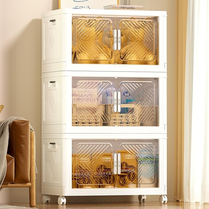 Storage Bins with Lid 76QT, Stackable Storage Containers with Wheels and Magnetic Doors, Plastic Clothes Closet Organizers and Storage Box for Home and Office (3 Pack)