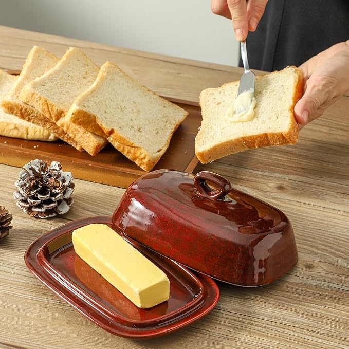 Hasense Butter Dish with Lid for Countertop, Ceramic Butter Tray with Handle, Large Butter Keeper Holder for West East Coast Butter, Modern Kitchen Christmas Decor, New Year, Thanksgiving Gift, Red