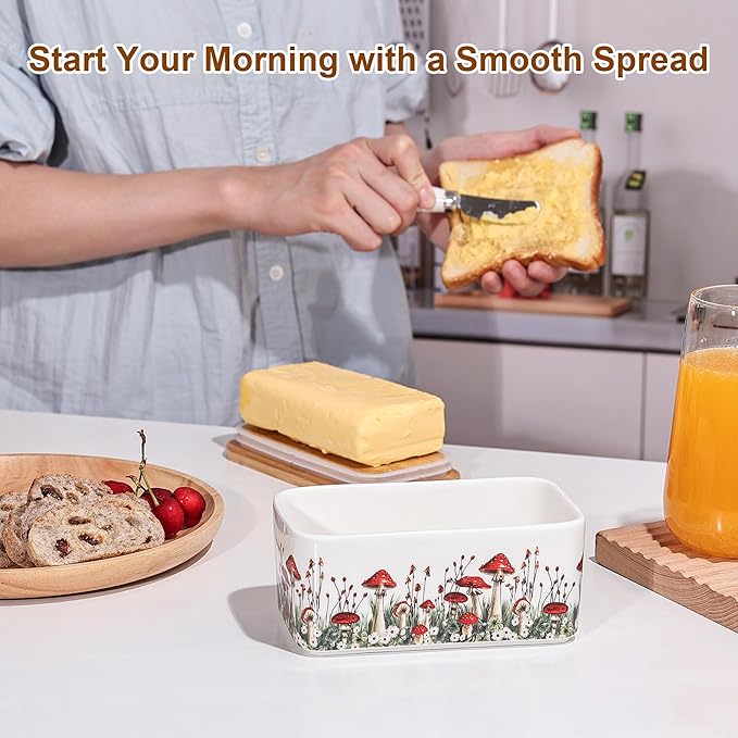 Fungi Fun Ceramic Mushroom Butter Dish with Lid and Knife, Cute Butter Dish for Countertop and Fridge, Ceramic Container for Countertop with Lid and Selicon Seal, Ideal for Mushroom Kitchen Decor