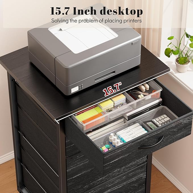 4 Drawers Mobile File Cabinet Vertical Filing Cabinet with Fabric Drawer Fits A4/Letter Size Printer Stand for Home Office，Black