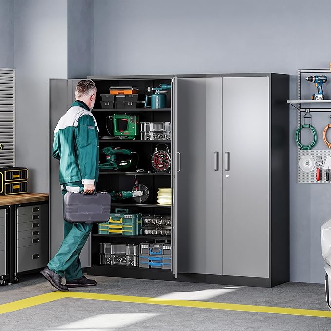 Letaya Metal Storage Cabinet with Lock Door and 5 Shelves,6 Tier Steel Garage Tool Cabinet for Home Office Utility Room 72" H X 36" W X18 D (Black Gray)