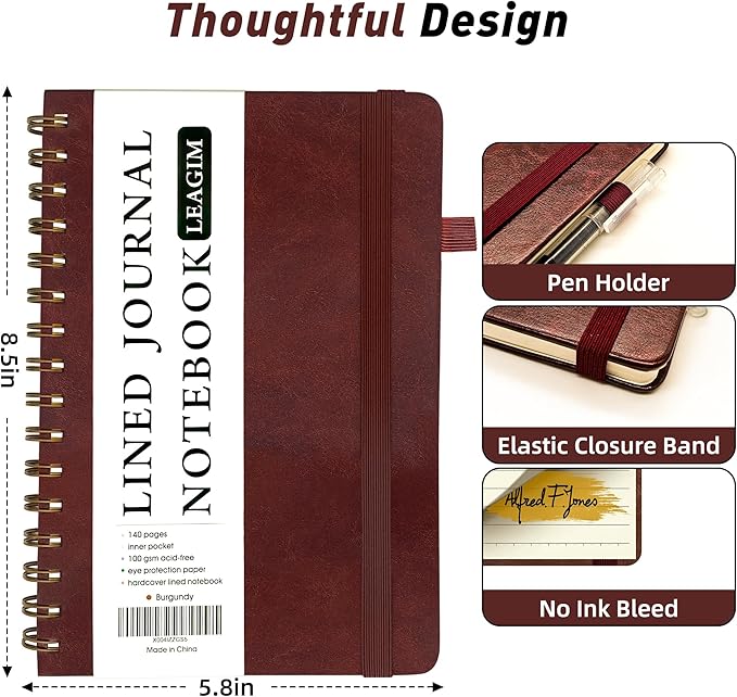 Lined Spiral Journal Notebook for Women & Men, College Ruled Hardcover Notebook for Work & Note Taking, Journals for Writing, 100 GSM, Business, School, 140 Pages, A5(5.8"x8.5") - Burgundy