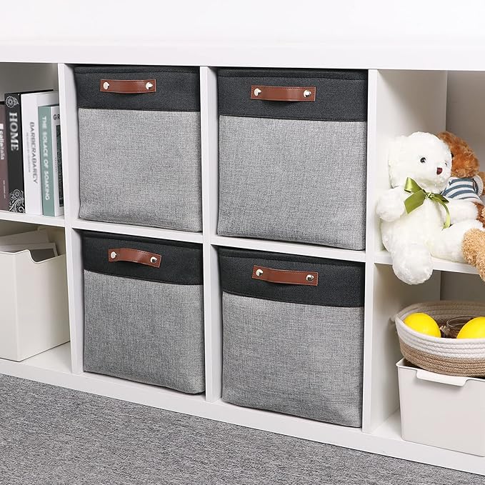 Temary Cube Storage Baskets 13 X 13 X 13 Fabric Storage Bins for Toys, Large Baskets Organization with Handles, Bins for Organizing Towels, Blankets, Collapsible Shelf Basket (Black&Gray)