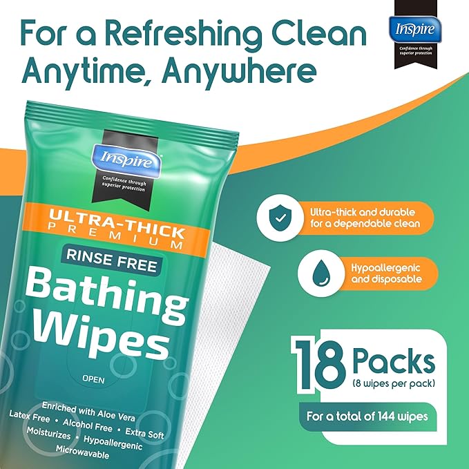 Inspire Ultra Thick Rinse Free Body Wash Wipes, Bathing Wipes, Shower Wipes - Rinse Free Wet Wipes, Thick Strong Extra Large With Aloe Vera Enriched