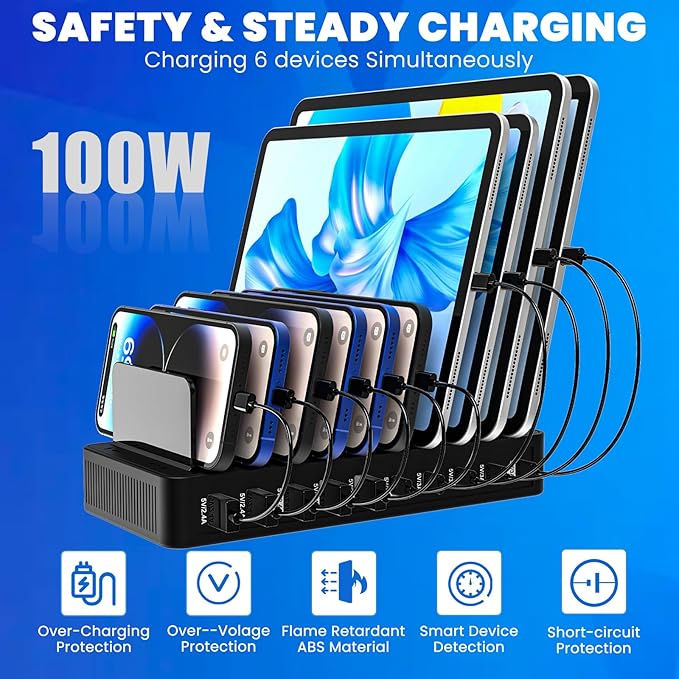 Charging Station for Multiple Devices, 100W 10 Ports Charging Dock with 10 Cables Smart IC Tech and Adjustable Dividers Type-C，Multi USB Charger for iPhone Galaxy iPad Tablet，Black