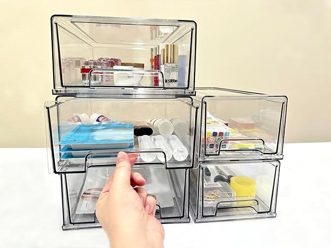 Stackable storage drawers, clear pull-out organizer with handles and non-slip pads for kitchen, refrigerator,office desktop, pantry and shelves, perfect for organization and storage (2 Pack, Medium)