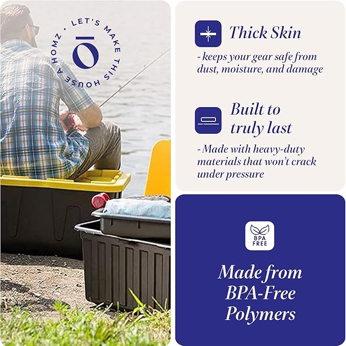 HOMZ 2-Pack Durabilt Tote, Heavy Duty Plastic Storage Bins with Lids, 34 Gallon, Black/Yellow - Stackable Organizing Containers for Home, Garage, and Office