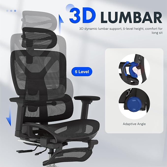 FLEXISPOT ErgoX Premium Ergonomic Office Chair with Footrest- Adjustable 3D Armrests, Dynamic Lumbar Support, Recline & Tilt Function, Mesh Seat, for Home & Office Use,Black