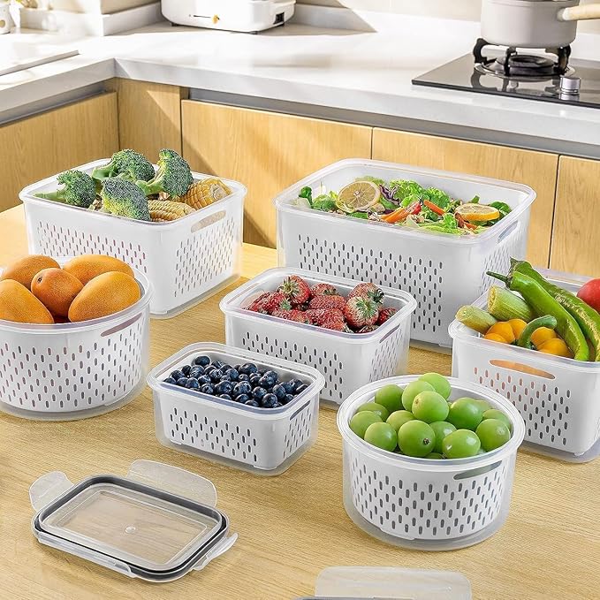 Freshmage Fruit Storage Containers for Fridge with Removable Colander, Airtight Food Storage Container, Dishwasher Safe Produce Saver for Refrigerator, Keep Berry Fruit Fresh Longer 6 pcs Large Clear