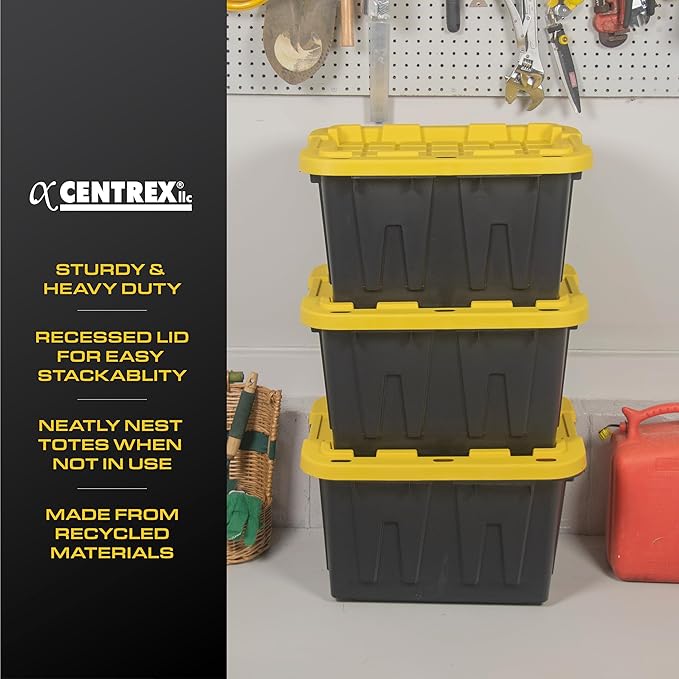CX BLACK & YELLOW, 12-Gallon Heavy Duty Tough Storage Container & Snap-Tight Lid, (12.51H x 16.3W x 21.8D), Weather-Resistant Design and Stackable Organization Tote [6 Pack]