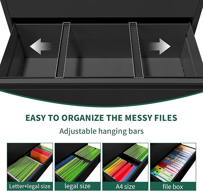 Lateral File Cabinet 4 Drawer, Metal File Cabinets for Home Office Legal/Letter A4 Size, Filing Cabinet with 4 Lock, Require Assembly, Black