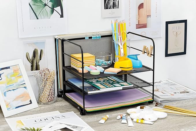 CAXXA 4 Tier Mesh Document Trays with Vertical Upright Section for Hanging File Holders, Mesh Office Supplies Desk Organizer, Black