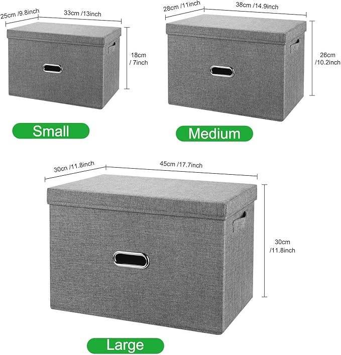 Linen Fabric Collapsible Storage Bins with Removable Lids and Handles, Washable Storage Box Containers Baskets Cube with Cover for Bedroom,Closet,Office,Living Room,Nursery (Grey, Medium)