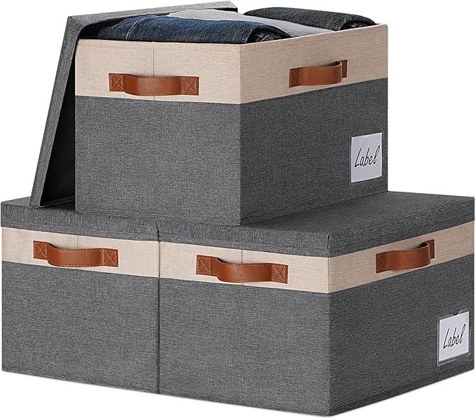 GhvyenntteS Fabric Storage Bins with Lids 3 Pack, Large Fabric Storage Baskets with Lid and Handles, Foldable Closet Organizers and Storage boxes with Label Window for Home (Beige, 15" x 11" x 9.7")