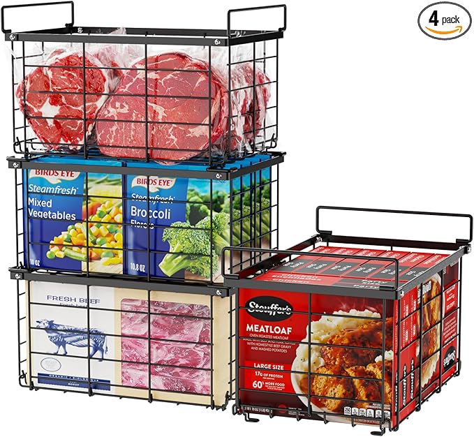 iSPECLE Deep Freezer Organizer Bins - 4 Pack Large Freezer Organizer for 5 to 7 Cu.Ft Chest Freezer, Stackable Easy Access Food No More Digging, Sturdy Metal Wire Basket Not Scratch Bottom, Black