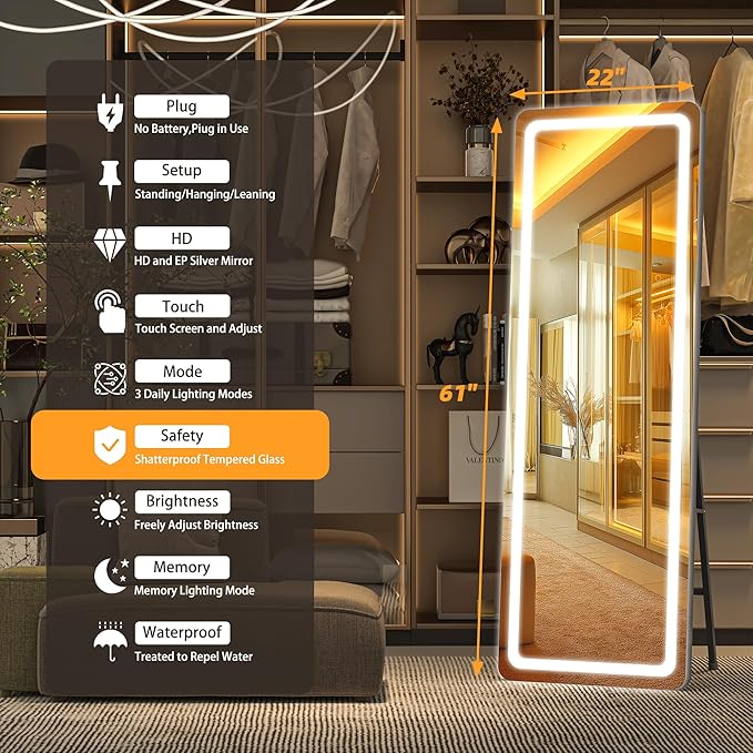 Hasipu Full Length Mirror with Lights, 61" x 22" LED Floor Mirror, Full Body Dressing Standing, Hanging Mounted Mirror for Living Room Bedroom Cloakroom, Round Black