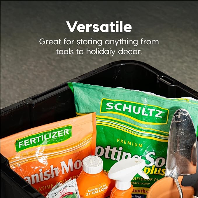 IRIS USA 12 Gallon Heavy Duty Truck Bed Toolbox Storage Tote Bins with Lids, 4 Pack - Made in USA, Tough Snap On Lockable Lid Stackable Industrial Rugged Tubs, Garage Organization Box - Black/Yellow