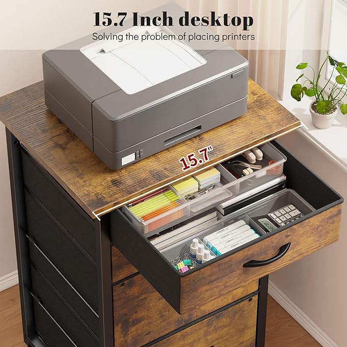 4 Drawers Mobile File Cabinet Vertical Filing Cabinet with Fabric Drawer Fits A4/Letter Size Printer Stand for Home Office，Rustic Brown