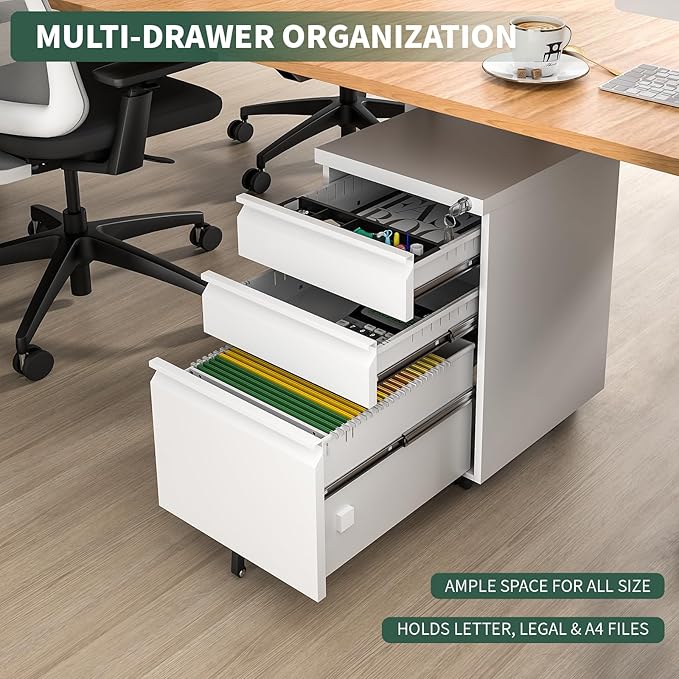 3 Drawer File Cabinet with Lock,Under Desk Rolling Small Filing Cabinet for Home Office Storage, Mobile Steel Cabinets with Wheels, Fully Assembled, White