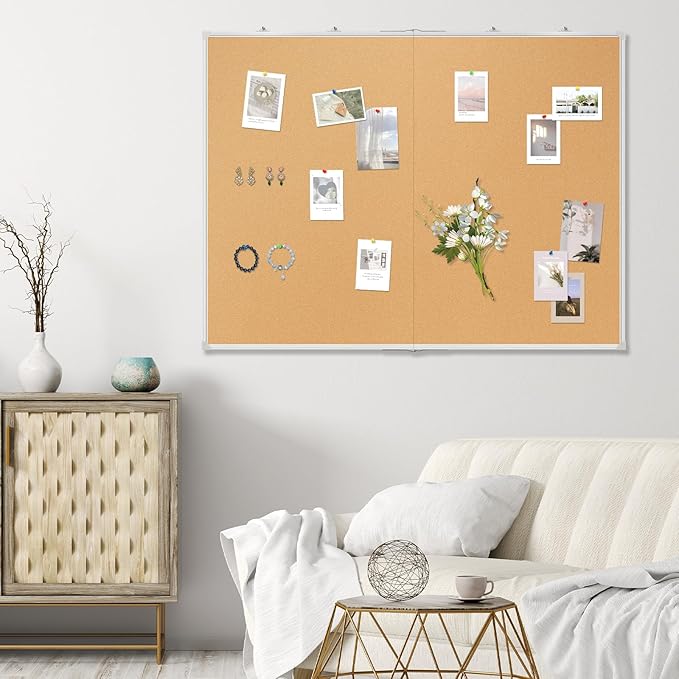 Double-Sided Large Cork Board, 60" x 40" Foldable Hanging Aluminum Framed Bulletin Board, Vision Board Pin Board Corkboards for Walls, Office, School Decor, 20 Pushpins