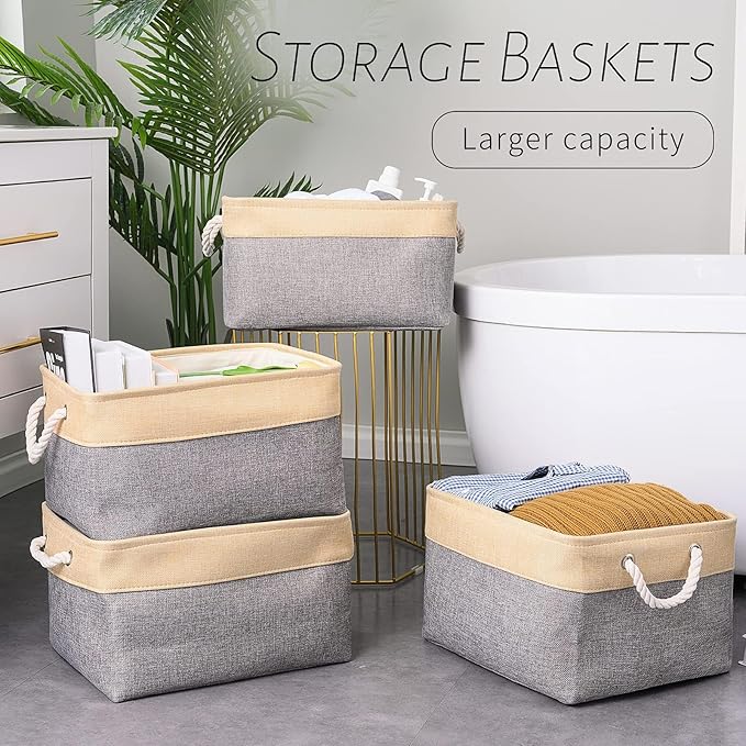 Organization and Storage Basket for Organizing - Large 4 Pack 16x12x8 inch Collapsible Baskets for Shelves Fabric Storage Cube, Storage Bins for Laundry Cloth Books Gift (Gold & Grey)