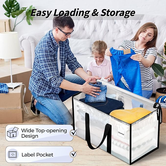 8 Pack Extra Large Heavy Duty Moving Bags, Clear Storage Bins with Lids, Reinforced Handles & Heavy-Duty Zippers Moving Boxes Storage Bags Totes for Clothes Packing, Dorms, College Supplies, Clear