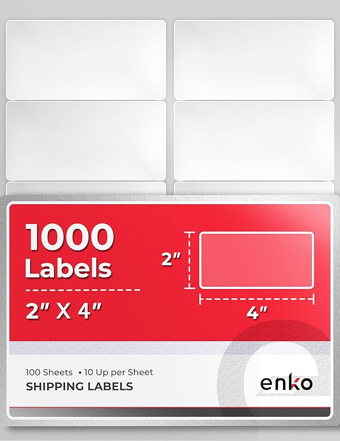 enKo 2 x 4 Inch Label - White Blank - 10 Up Address Mailing Labels for Laser Inkjet Printer (100 Sheets, 1000 Labels)