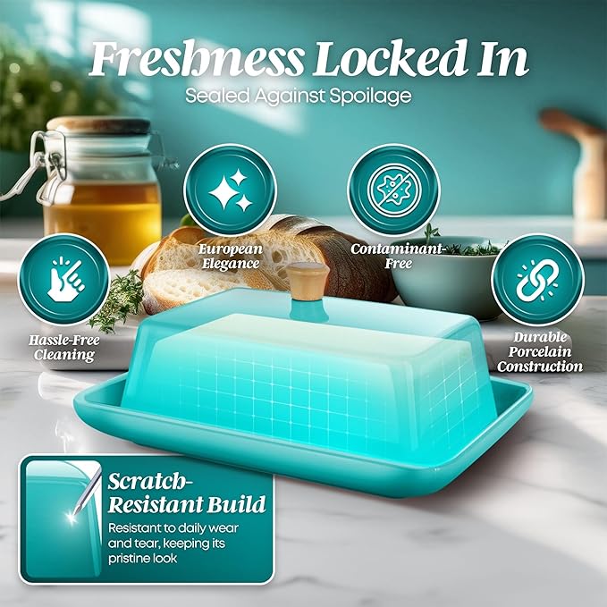Flexzion Ceramic Blue European Butter Dish with Lid for Countertop (8 Inch) - Wide 2 Stick Double Butter Holder for Counter, Cream Cheese Container Storage Keeper
