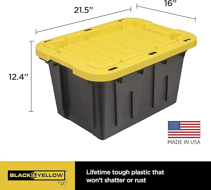 CX BLACK & YELLOW, 12-Gallon Heavy Duty Tough Storage Container & Snap-Tight Lid, (12.51H x 16.3W x 21.8D), Weather-Resistant Design and Stackable Organization Tote [4 Pack]