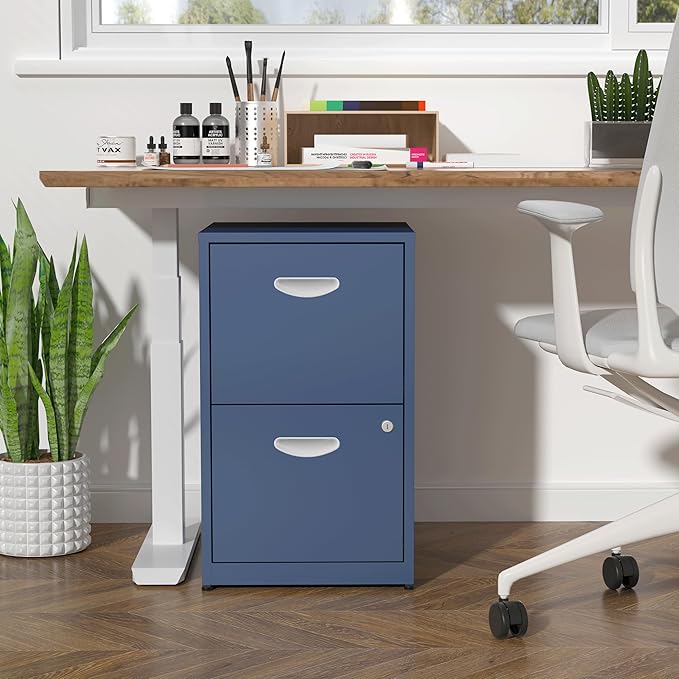 2 Drawer File Cabinet, Metal Two Drawer Vertical File Cabinets with Lock, 18" D Storage Filing Cabinet for Home Office, Steel Light Duty Storage for Letter-Size Files, Blue, Assembly Required