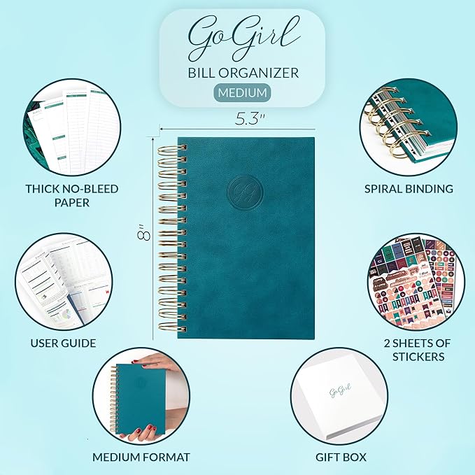 GoGirl Budget Planner & Monthly Bill Organizer – Monthly Financial Book with Pockets. Expense Tracker Notebook Journal, Compact (Dark Teal)