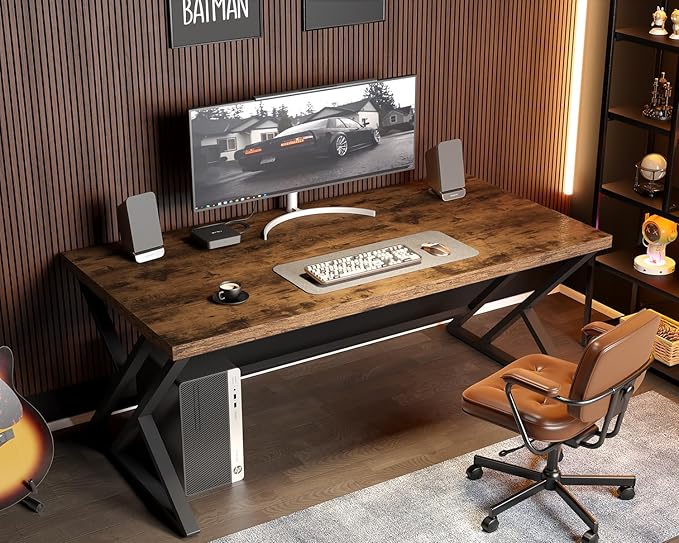 LVB Rustic Wood Computer Desk, Metal Home Executive Office Desk, Industrial Large Gaming Writing Desk, Wooden Student Study Computer Table for Bedroom Living Room, Rustic Brown, 60 Inch