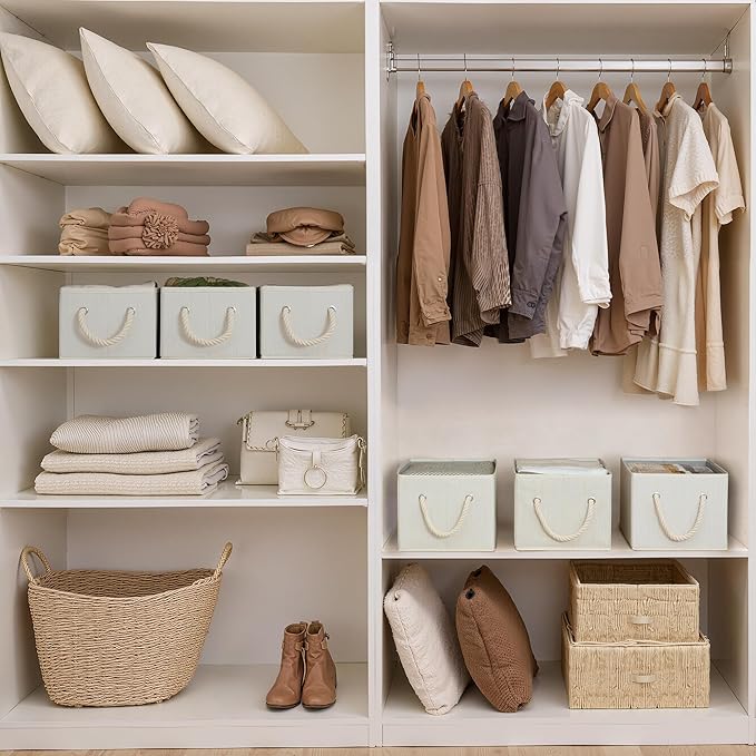 StorageWorks Storage Baskets for Shelves, Foldable Fabric Closet Storage Bins with Handles, Fabric Storage Bins Clothes Organizer, Beige, White & Ivory, 3-Pack, Small