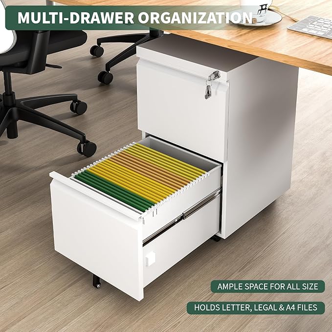 2 Drawer File Cabinet with Lock,Under Desk Rolling Small Filing Cabinet for Home Office Storage, Mobile Steel Cabinets with Wheels, Fully Assembled, White