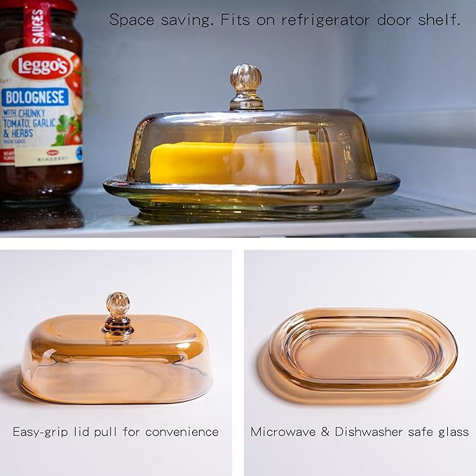 7.5" Glass Butter Dish with Lid for Countertop, Elegant Champagne-Colored Crystal Butter Stick Holder Container