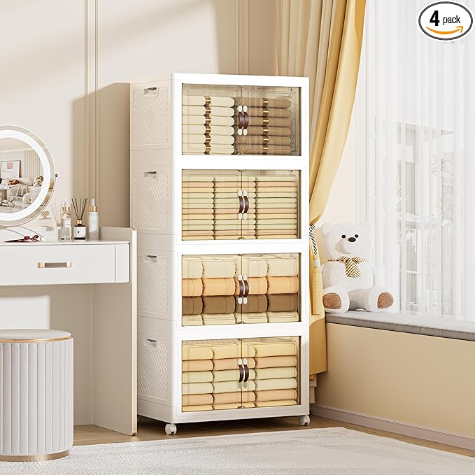 340 QT / 85 Gal Heavy Duty Double Door Storage Cabinet - Magnetic Closure, Foldable Stackable Design with Wheels & Leather Handles, Plastic Organizer for Garage/Bedroom