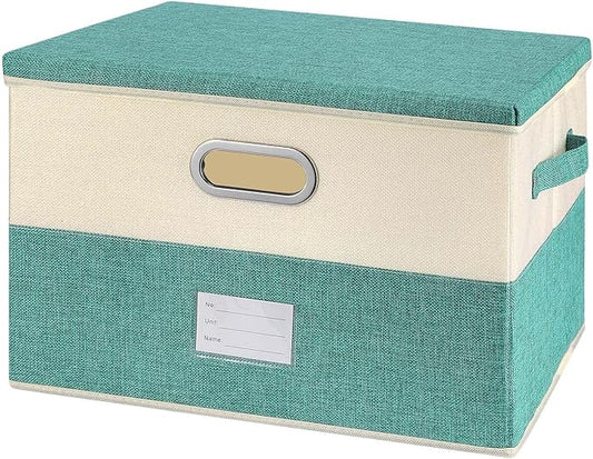 Large Linen Fabric Foldable Storage Bins with Removable Lid and Handles, Washable Storage Box Organizer Containers Baskets Cube with Cover for Bedroom,Closet,Office (Turquoise&Cream, Medium)
