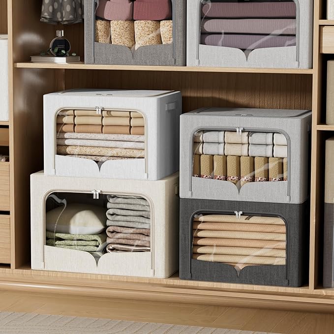 FHSQX 3 Pack Clothes Storage Bins Foldable Metal Frame Storage Box Stackable Linen Fabric Organizer Set with Carrying Handles and Clear Window (Beige, 15.7x11.8x11.8inch(36L))