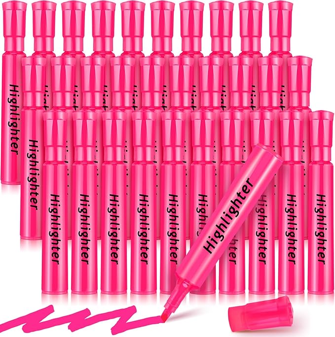 Qilery 30 Pack Highlighters Bulk, Tank Style Chisel Tip Highlighters Markers Quick Drying for Kids and Adult Coloring, Classroom Home Office School Supplies (Pink)