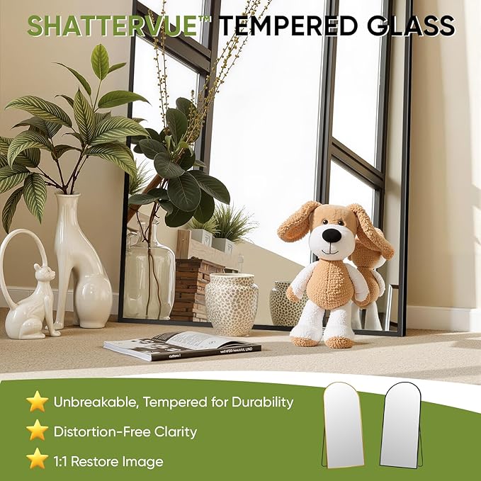 Full-Length Floor Mirror with Stand, 78"x38" Arched Style Full Body Standing Mirror for Bedroom, Living Room, Gym, Dorm - Shatter-Resistant & Easy Assembly, Black