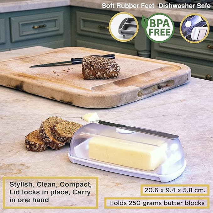 Butter Hub Extra Large Butter Dish with Lid and Knife, European Size Magnetic Butter Keeper, Easy Scoop, No Mess Lid, Plastic, Dishwasher Safe (Clear, European / 2 Sticks)
